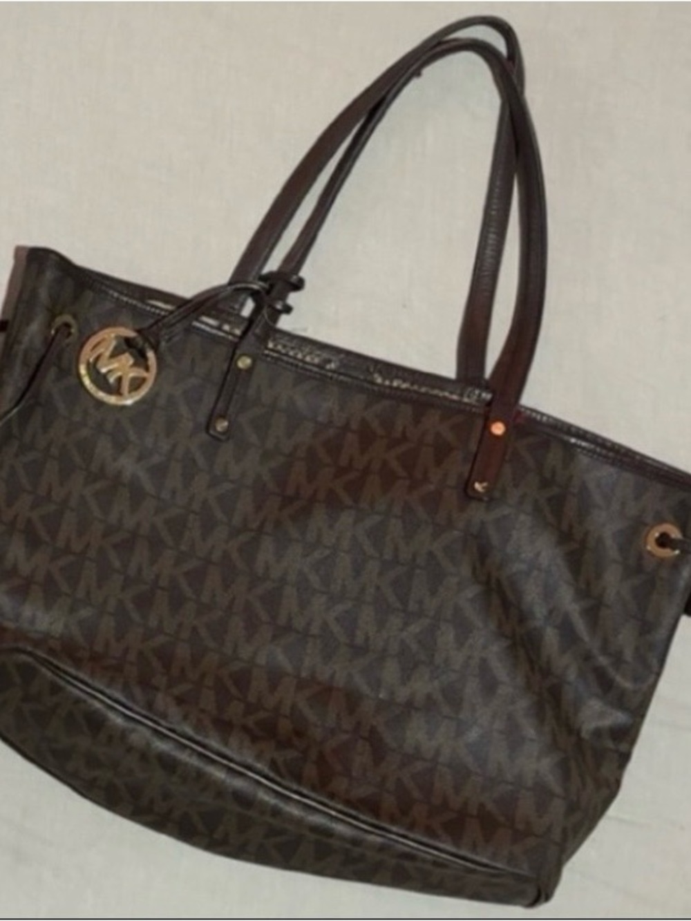 Michael Kors Dark Brown MK Logo Tote with Gold Accent